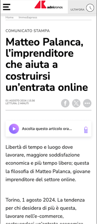 ADKronos article about Matteo Palanca