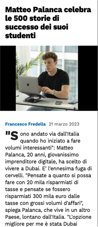 Corriere della sera article about Matteo Palanca